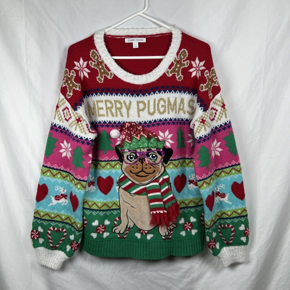 Celebrate Together Merry Pugmas Ugly Christmas Sweater Women’s Large Pug Sequin